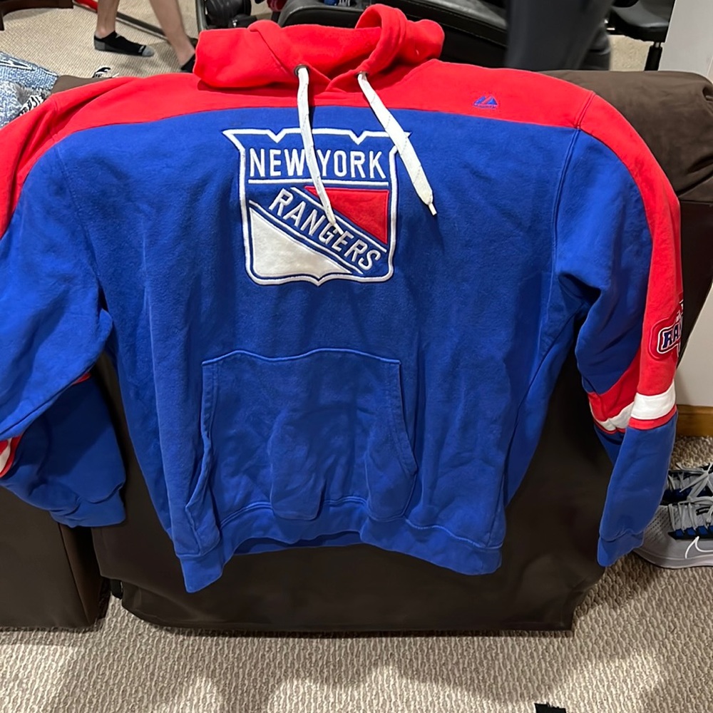 Mens New York Rangers hooded over the head sweatshirt.
